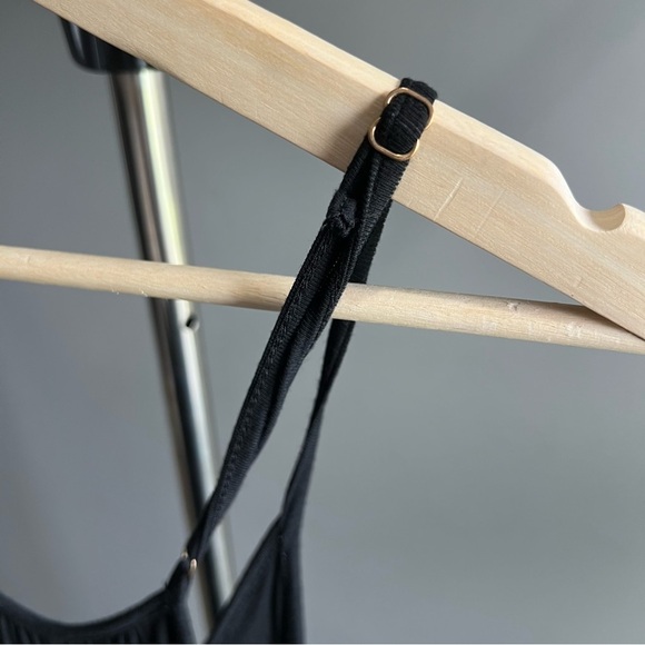 Loose Fit Black Romper Jumpsuit w/ Spaghetti straps and asymmetrical hemline - Picture 5 of 9